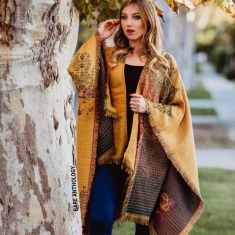Boho mustard floral print paisley poncho kimono Shawl - Picture 6 of 6